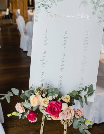 Mila Bloom - Deko & Blumen mit Woweffekt - Hochzeit auf Schloß Landau - Ausdrucksstarkes Farbkonzeot mit pink und apricot sowie Eukalyptus - Staffelei mit Sitzplan